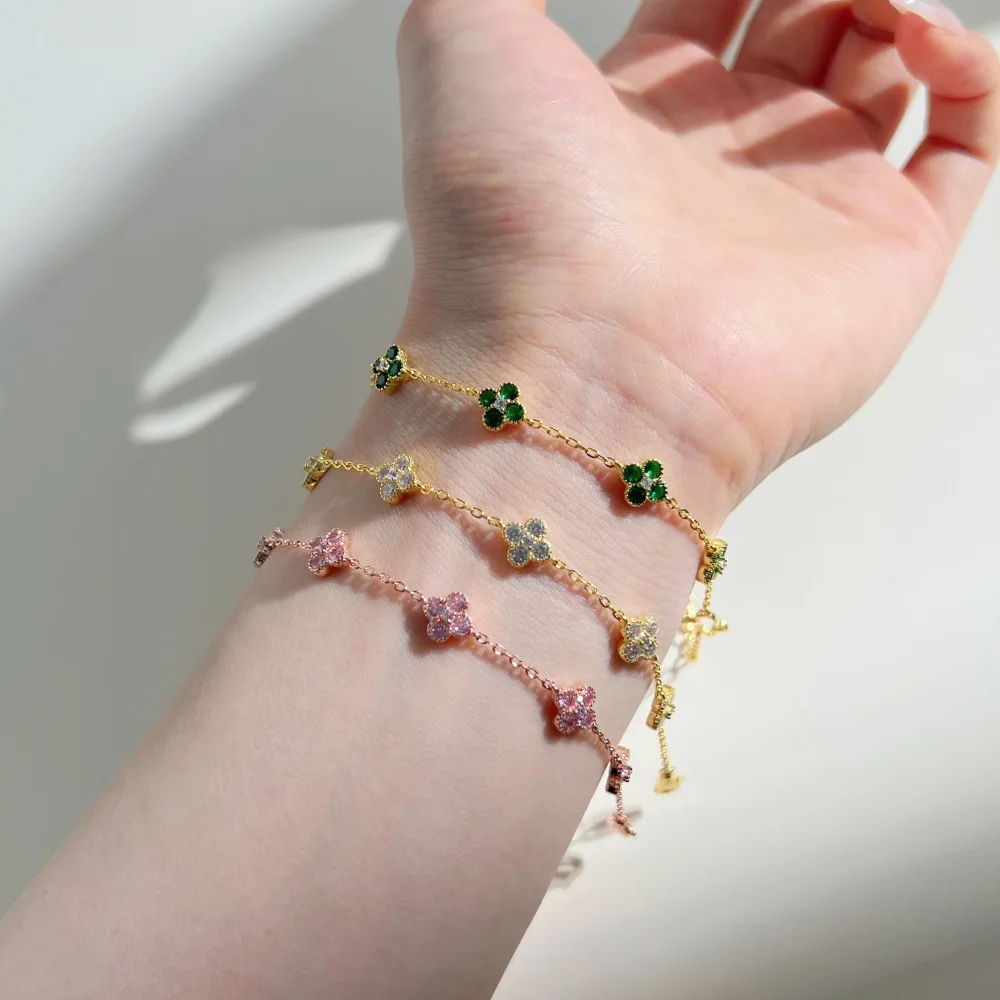 

CCFJOYAS Высокое качество стерлингового серебра 925 пробы пять мини милых цветочных браслетов для женщин белый/зеленый/розовый циркон CZ браслет-цепочка