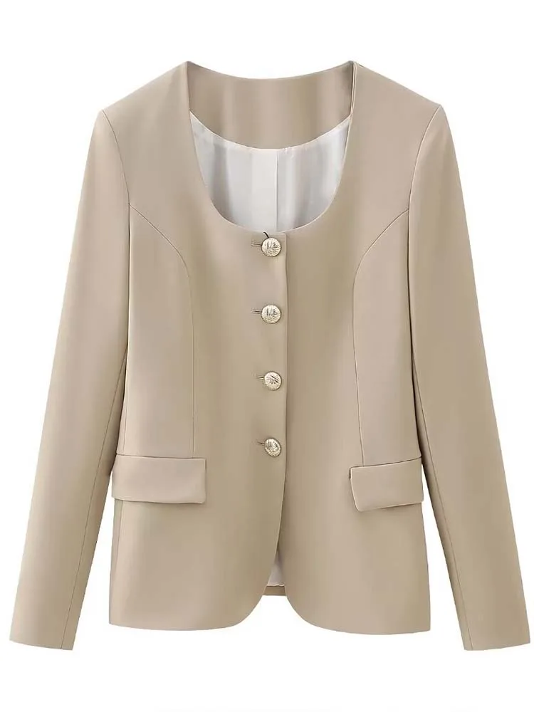 Elegant Basic Women Square collar blazer jacket and Long pants Office ladies 2024 Autumn 2 Piece set Khaki Spring INKEO 4O036