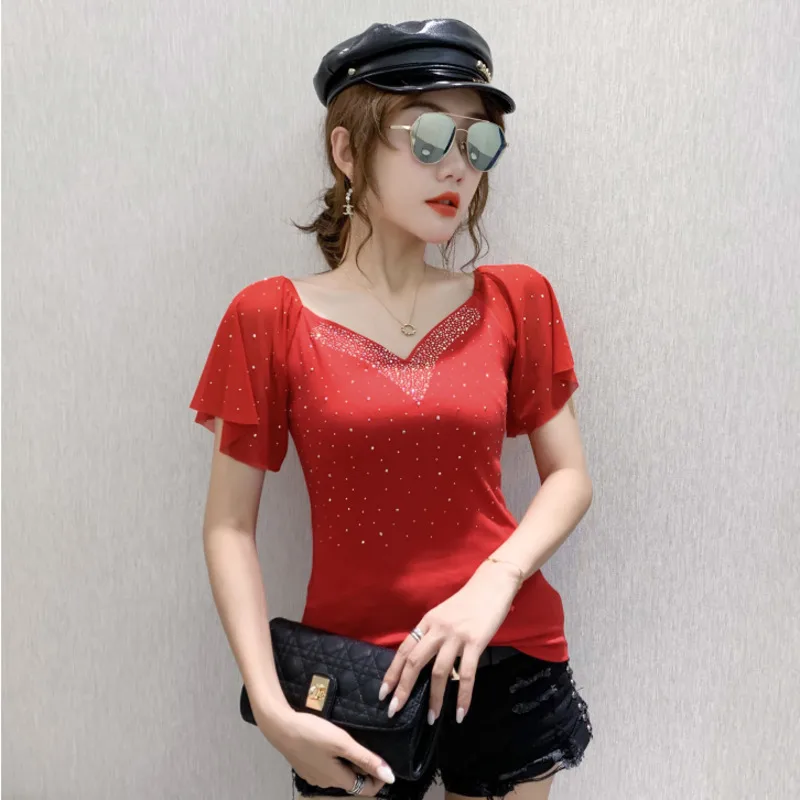 Camiseta de manga corta con volantes para mujer, Sexy Camiseta ajustada con cuello en V, algodón elástico con diamantes, #5206