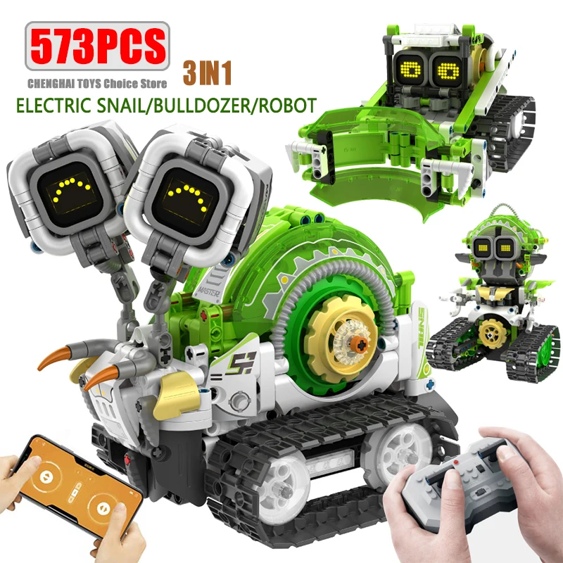 

573PCS 3 in 1 Remote Control Programming Electric Snail/Bulldozer/Robot Building Blocks Kits Kids STEM Educational Toy Boys Gift