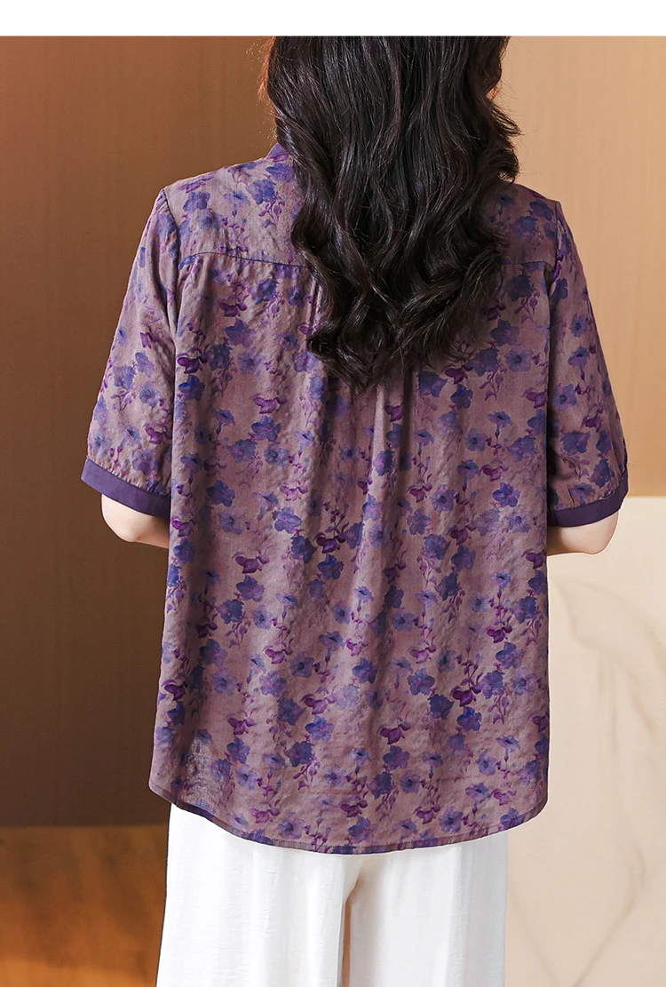 2024 Summer New Women's Purple Cotton and Hemp Short sleeved Shirt Top Flower Print Loose Size Open Heart T-shirt