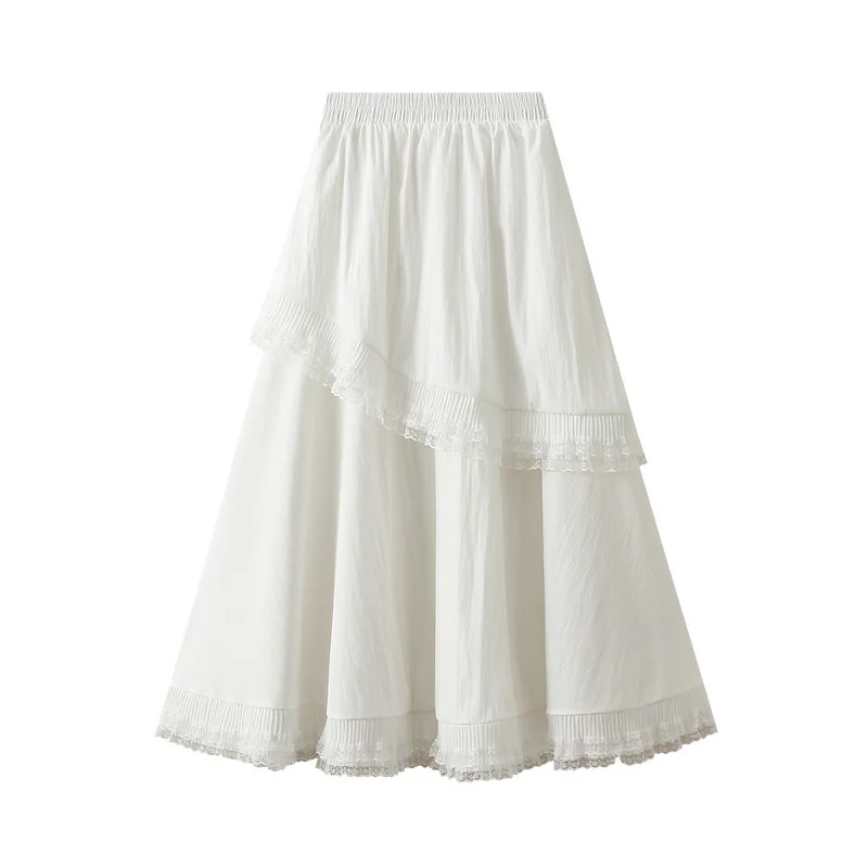 Women Lace Patchwork High Waist Ruffles White Black Long Skirt Women Fashion Casual High Waist Faldas