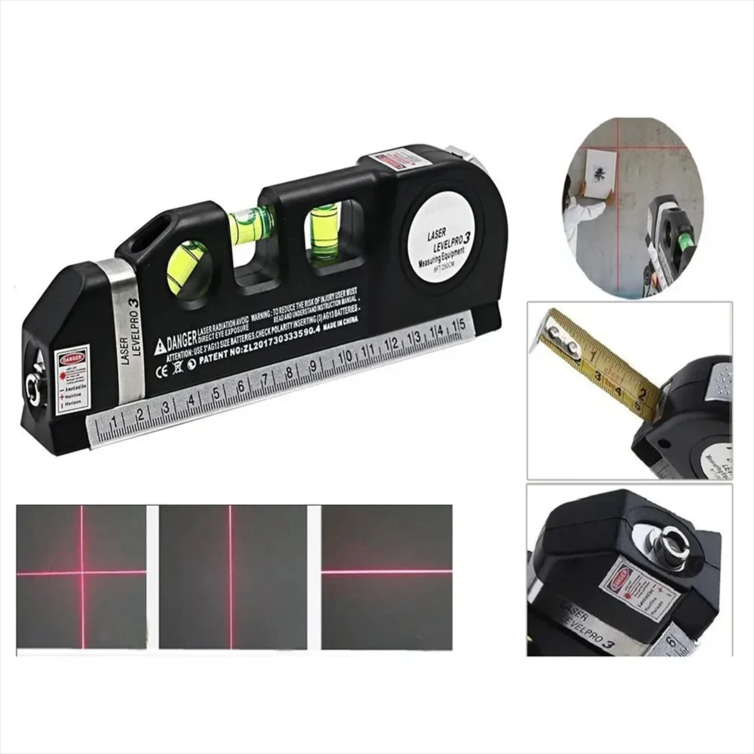 Laser Level Multipurpose Line Laser Leveler Tool Cross Line Lasers With 8FT 2.5M  Measure Tape and Metric Rulers