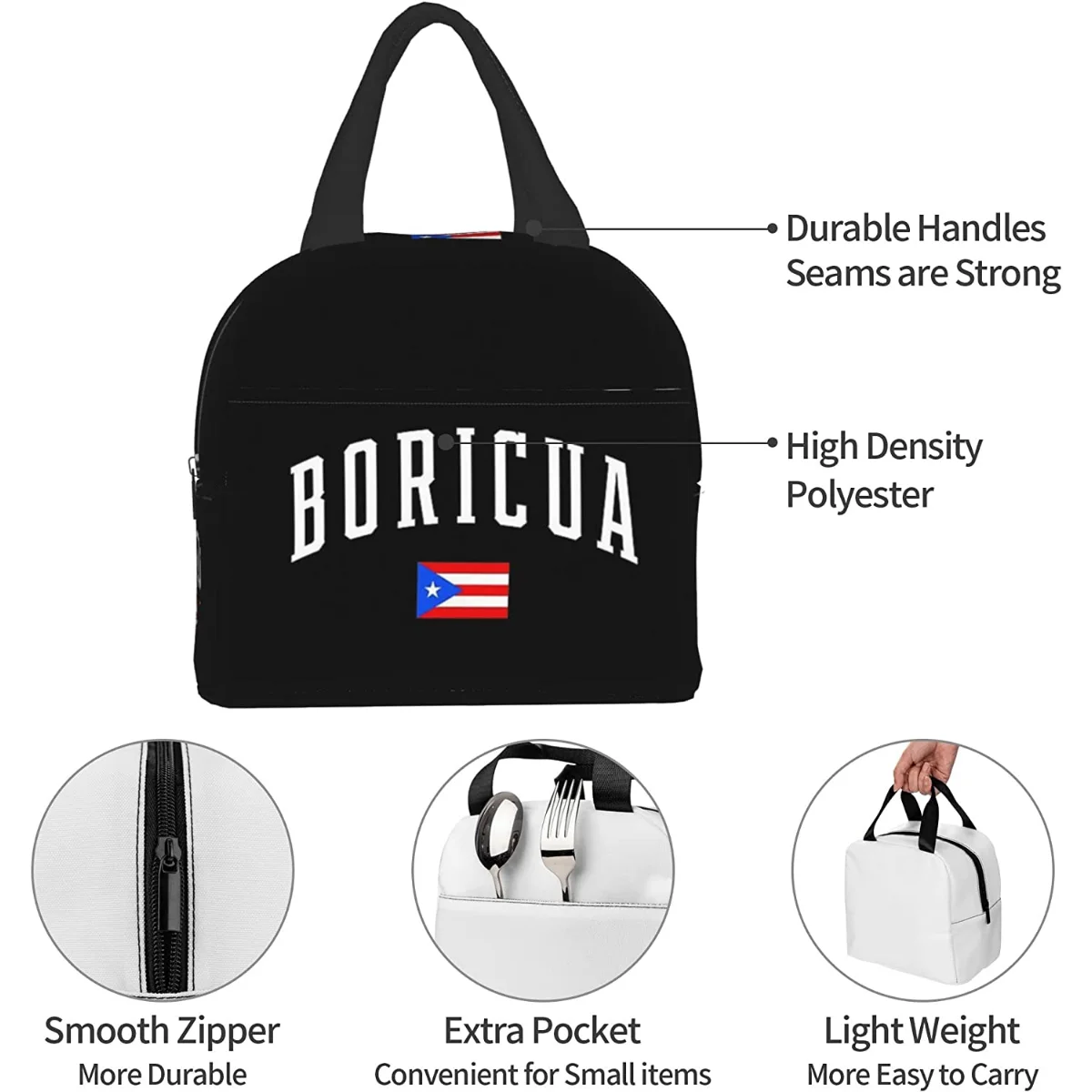 Lunch Bag isolados com bolso para viagens, sacola térmica reutilizável para piquenique Trabalho Caminhadas e Piquenique, Boricua, acessórios com bandeira