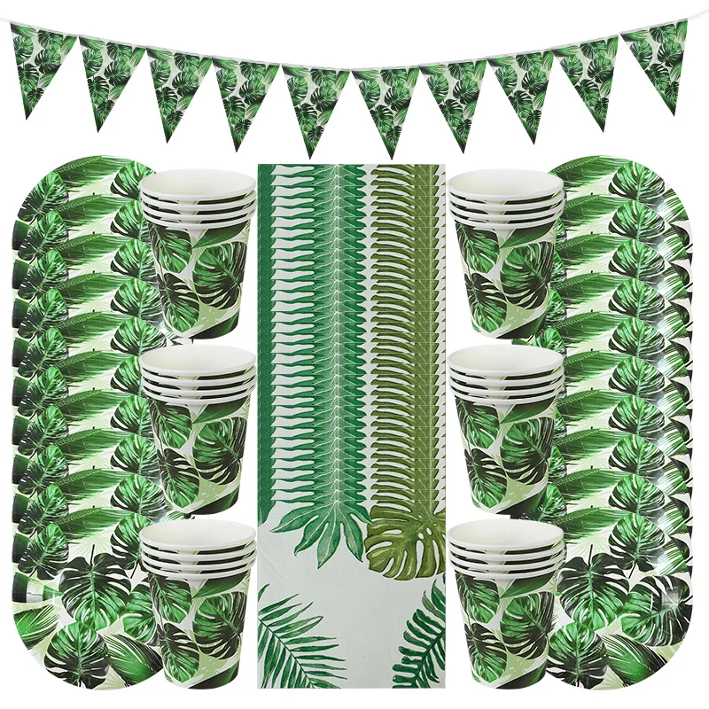 Hawaiian Party Decor Palm Leaves Bunting Banner Paper Plates Cup Napkins Disposable Tableware Set Summer Tropical Party Supplies