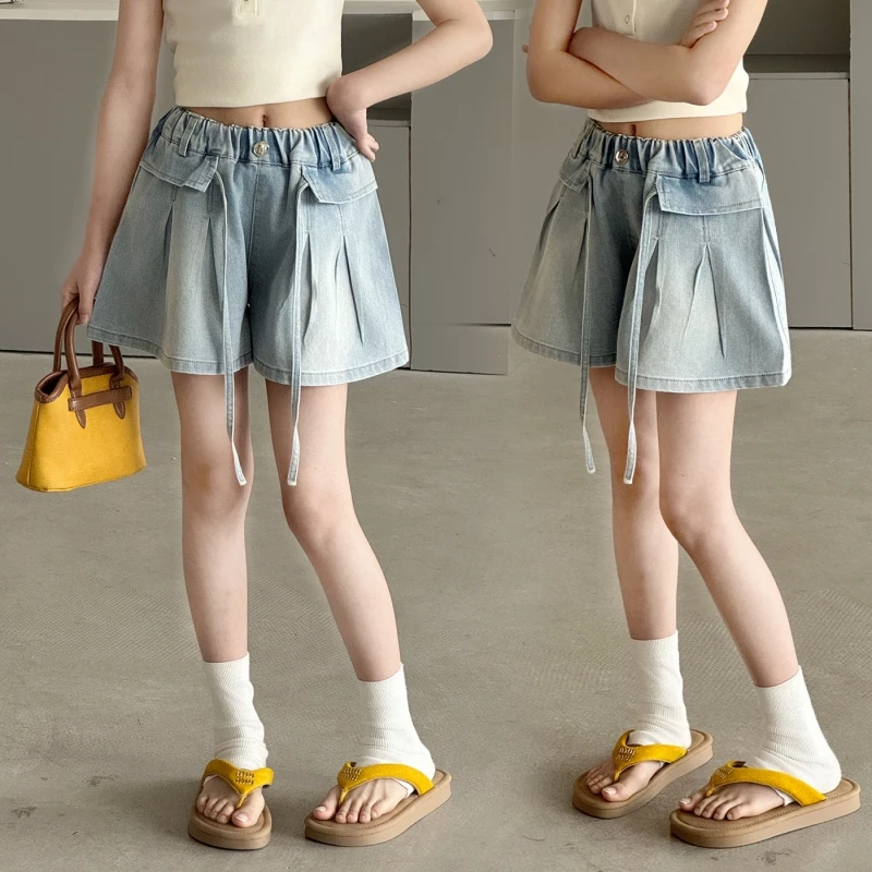 

Children's light blue denim shorts with elastic waist pleat A-line and pocket, loose wide leg, summer casual pants