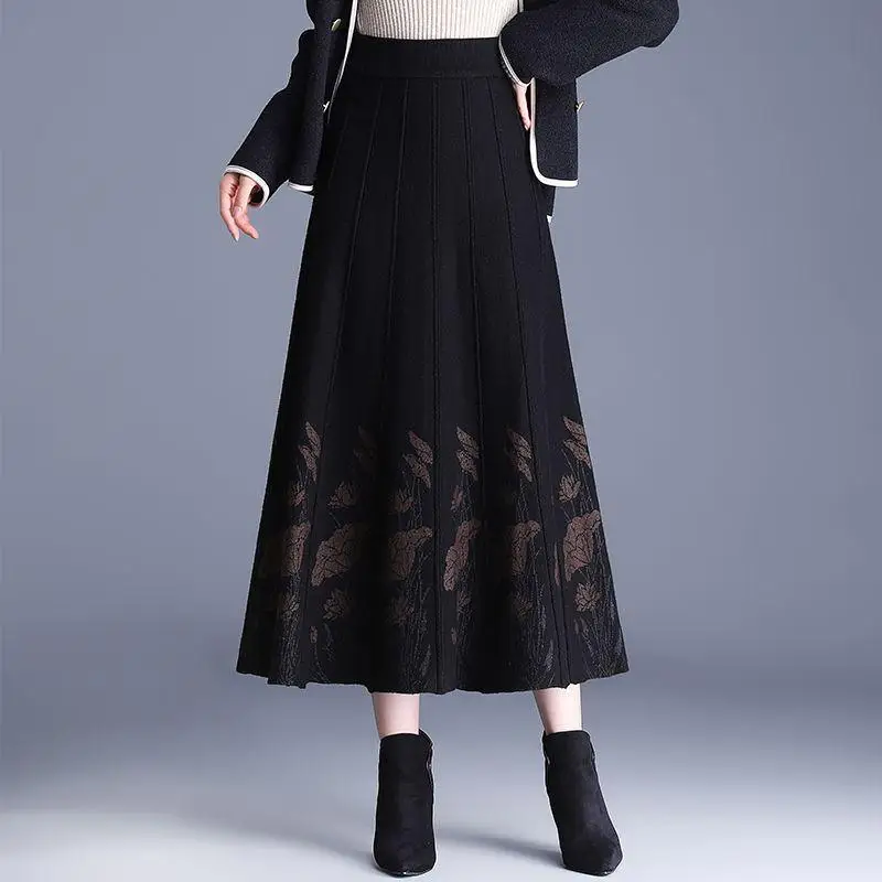 Women Floral Print Knit Maxi Skirt High Waist Elastic Waist Swing Long Skirt