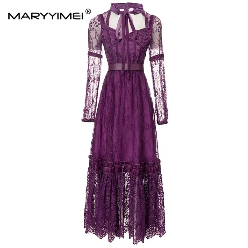 

MARYYIMEI New Fashion Designer Women's Lace-Up Square Neck Gauze Hollowed-Out Long Sleeve Patchwork Retro Style Purple Dress