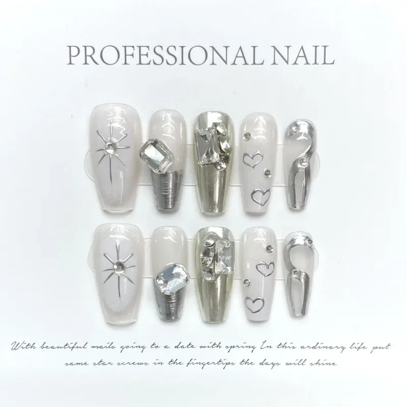 Handmade Press on Acyrlic Nails Charms Rhinestone Nail Art Silver White French Metal Heart Glued False Nails with Box and Tools