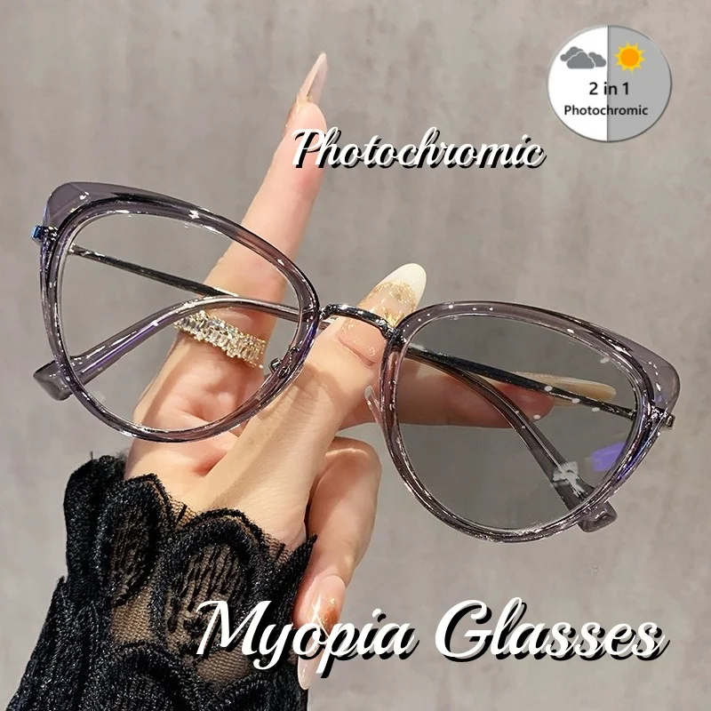 

European and American Cat Eye Metal Frame Photochromic Myopia Glasses Fashionable Anti Blue Light Photochromic Myopia Glasses