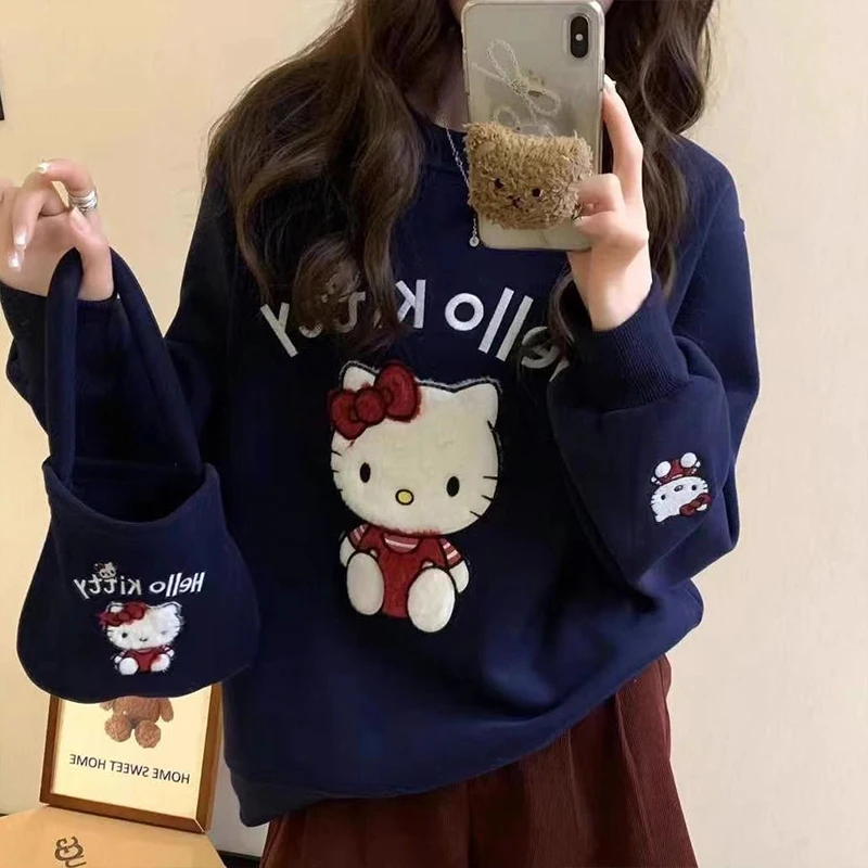 Sanrio Hello Kitty Trendy Ins Fashion Felpa con cappuccio a maniche lunghe stampata Allentata calda non pilling Top autunno e inverno da donna