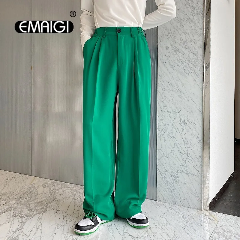 Men\'s Straight Loose Casual Wide Leg Suit Pant Male Chic Fashion Streetwear Vintage Long Trousers Green White Drape Fabric Pants