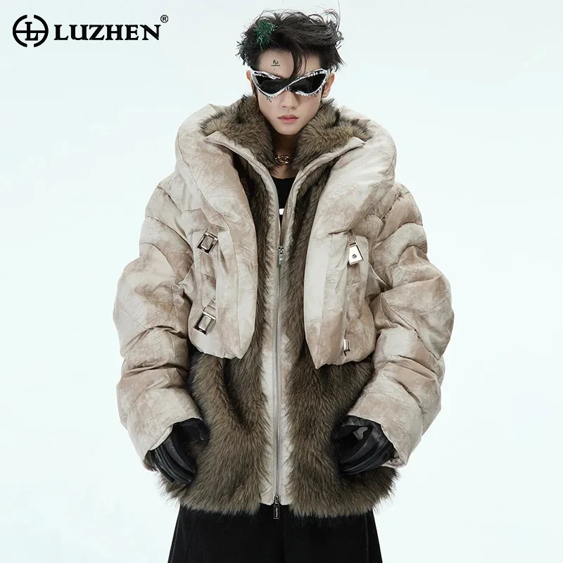 LUZHEN Fake Two Piece Design Padded Jackets Faux Fur Patchwork Trendy High Street Stand-up Collar Winter Outerwear 2024 LZ8207