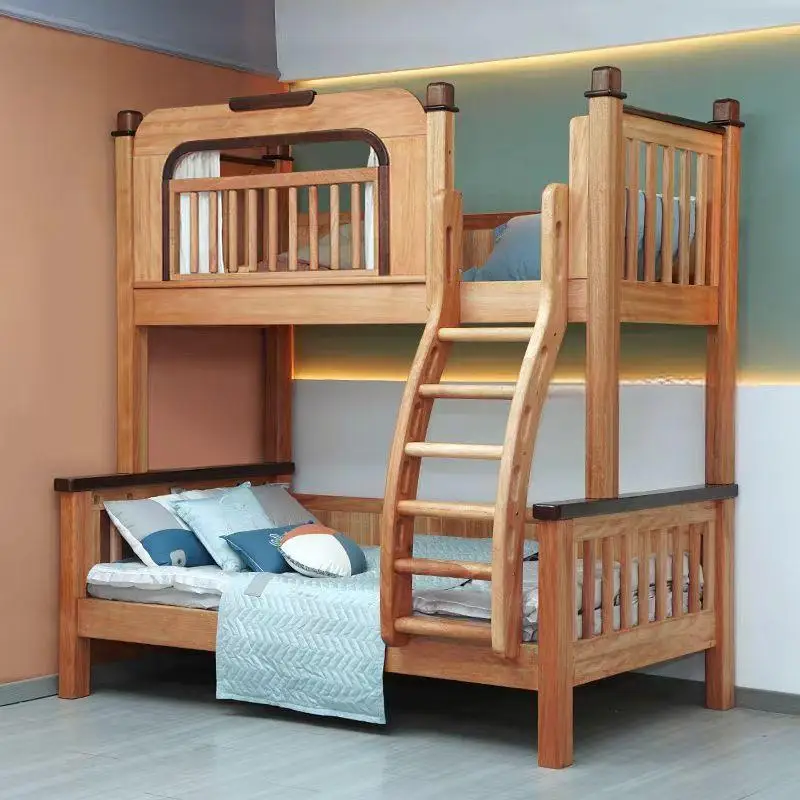 

!@Solid Wood Bunk Bed with Reinforced Legs, Sturdy Ladder & Guardrail, Space Saving Bed for Kids/Adults, Factory Direct