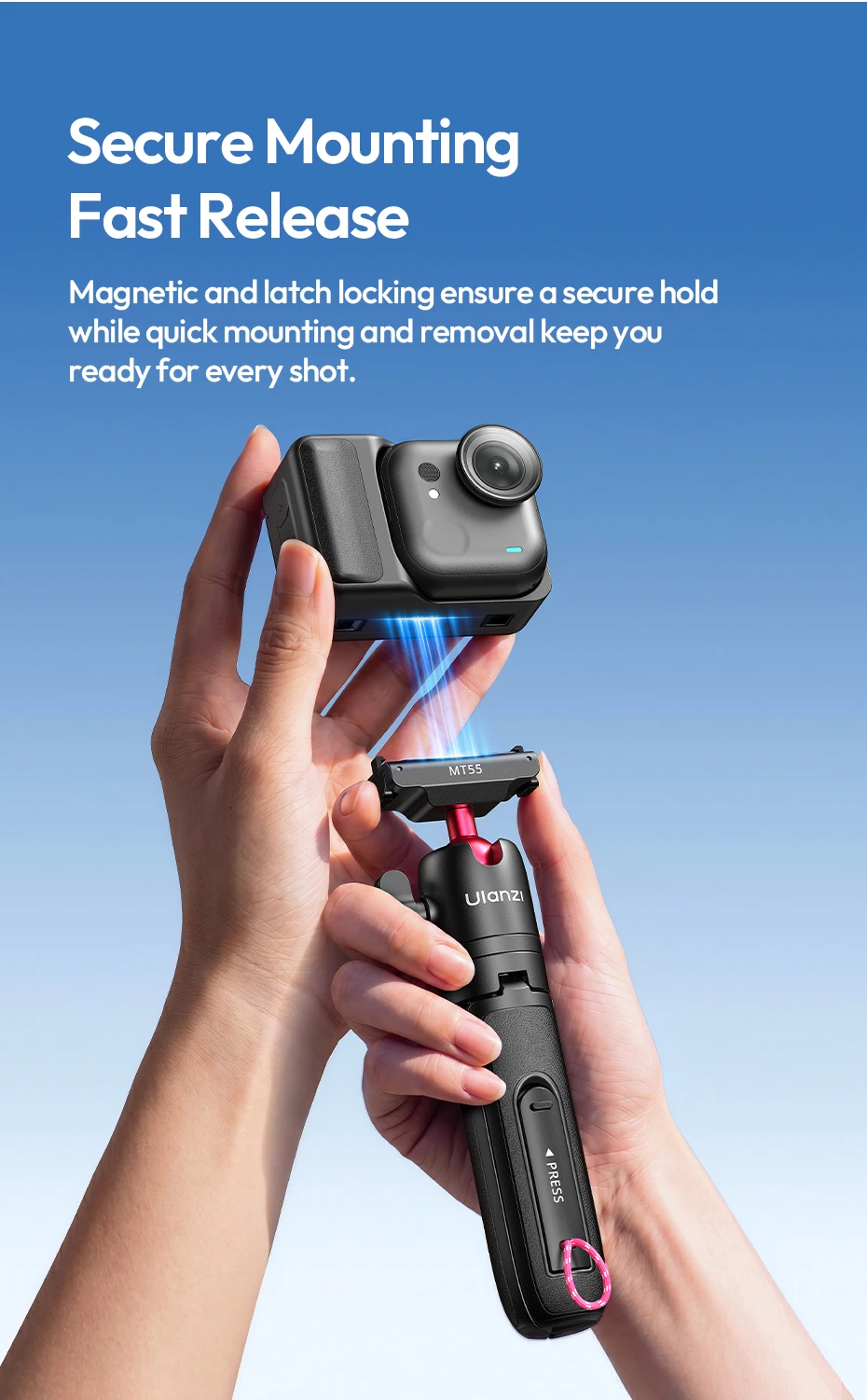 Ulanzi MT55 SnapGo Mini Selfie-Stick Stativ Overhead Mantis Rucksackhalterung für DJI Action6/Nano für Insta360 Go Ultra für Reisen – Detail 9