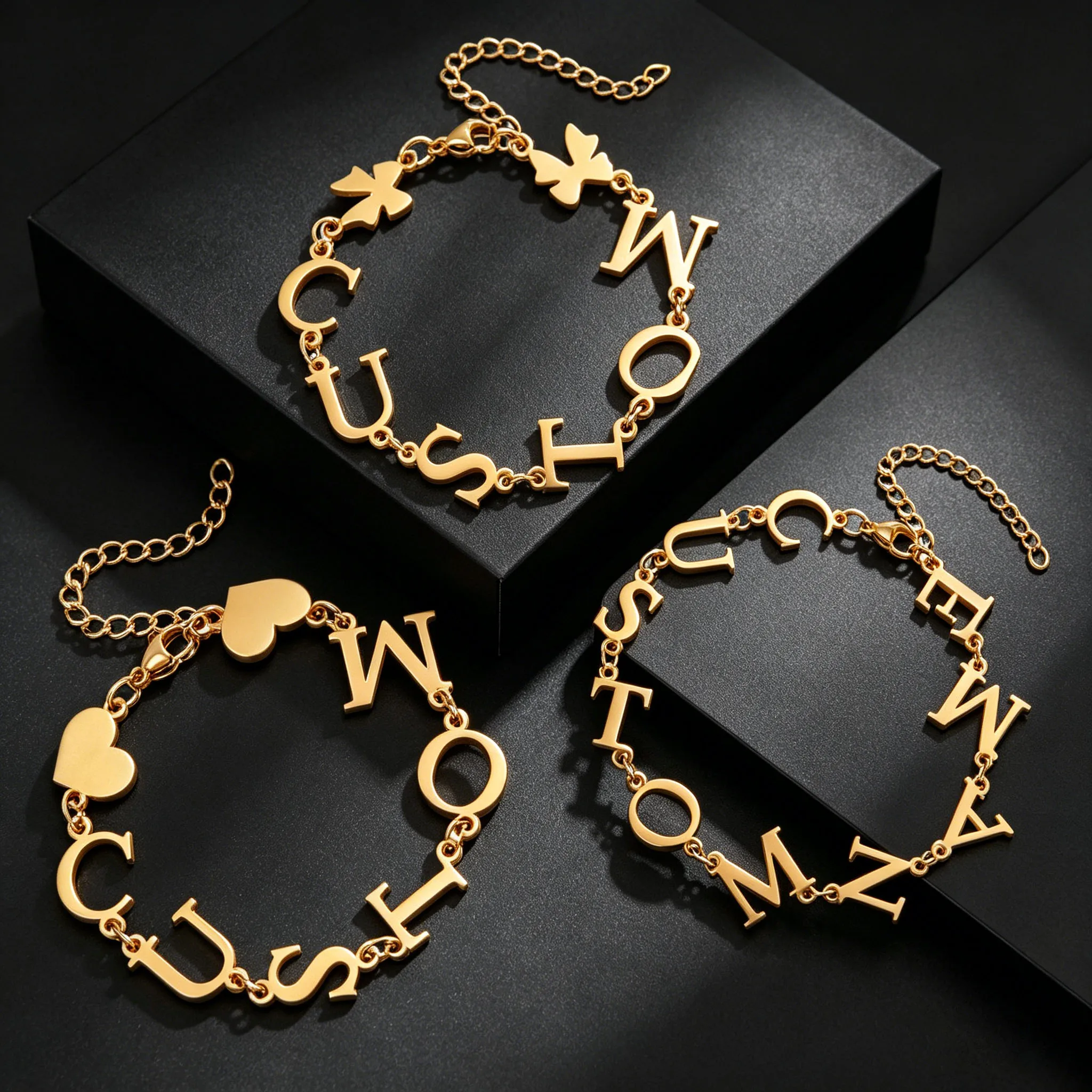Custom Letter Name Stainless Steel Bow Heart Bracelets For Women Personalized Letter Link Chain Waterproof Engraved Jewelry Gift