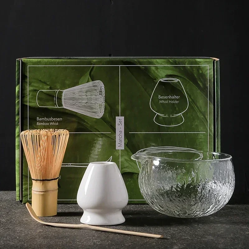 Juego de té Matcha de 4/7 Uds., batidor de bambú, cuchara de cristal, cuenco Matcha, herramientas tradicionales para hacer té hechas a mano para interiores, Kit Matcha japonés