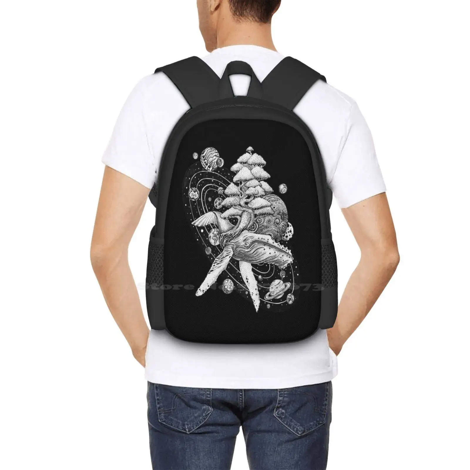 Bolsas escolares de ballena espacial para niñas adolescentes, bolsas de viaje para computadora portátil, ballena, bonsái, árbol, diseño de tatuaje, estilo de tatuaje, planetas, Luna, Saturno