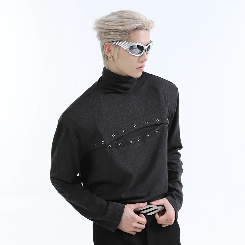 FEWQ Niche Deconstruction Metal Decoration High Collar Long Sleeved Street 2024 Solid Color Male Tops Korea Fashoin 24E2237