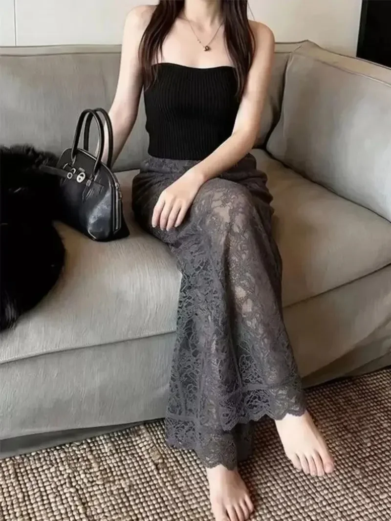New French Fashion Lace Trousers Women Elegant See Through High Waist Double Layer Slim Wide Leg Pants Summer