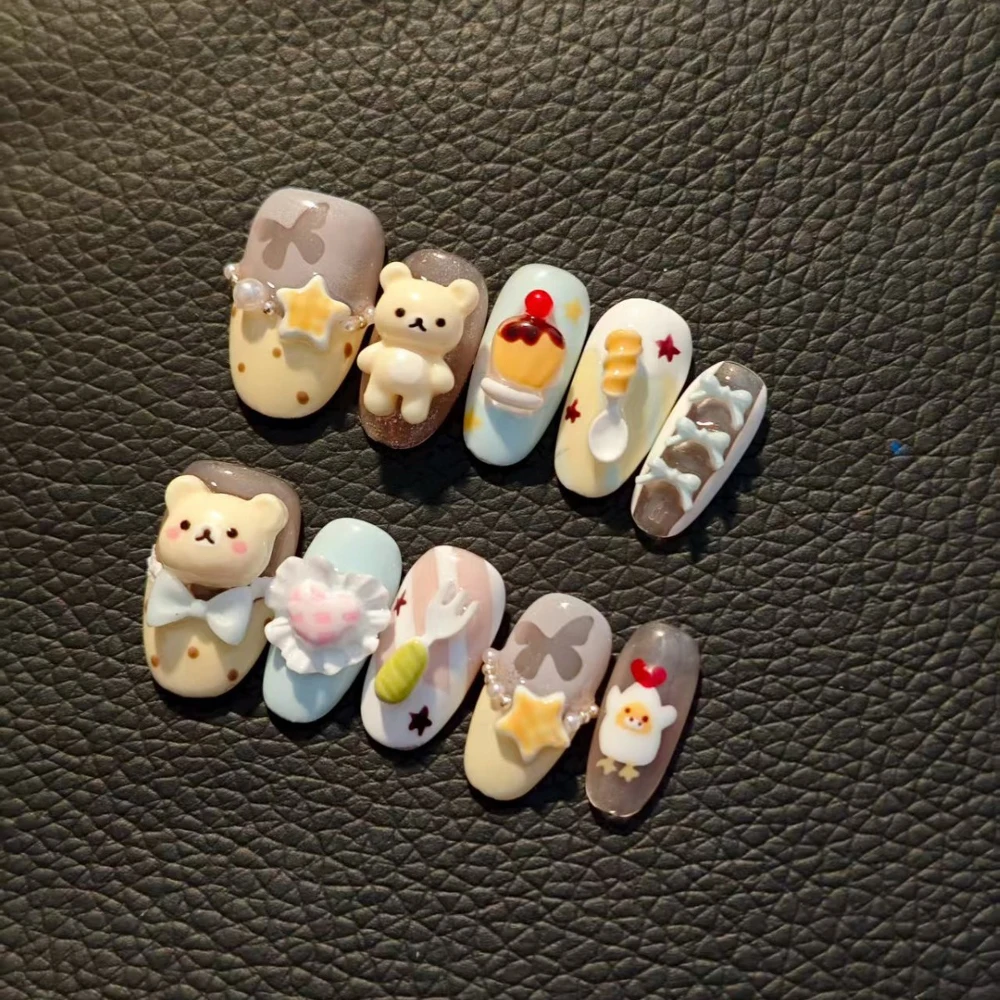 

Cartoon Kawaii Rilakkuma Handmade Long Ellipse Fake Nails Dessert Bowknot Stars Butterfly Throw Pillow Tableware Press On Nails