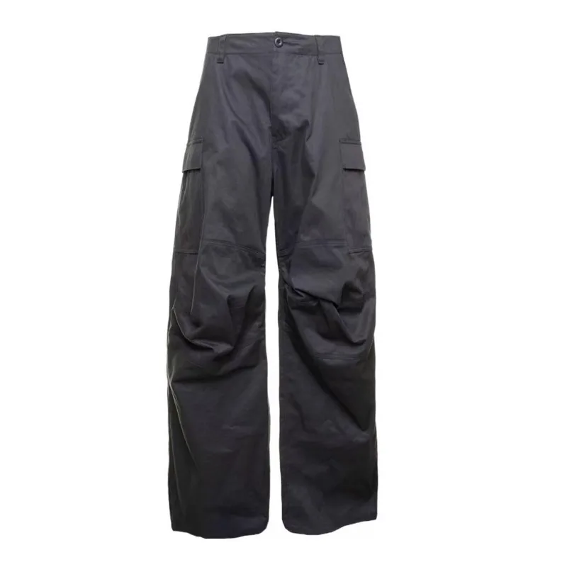 BOMP-Calça Kick Cargo Masculina, Silhueta Dobrável no Joelho, Corte Sólido, Preto, Bolso Grande, Vestuário de Trabalho Solto, na Moda, Nova Moda, Outono, 2024