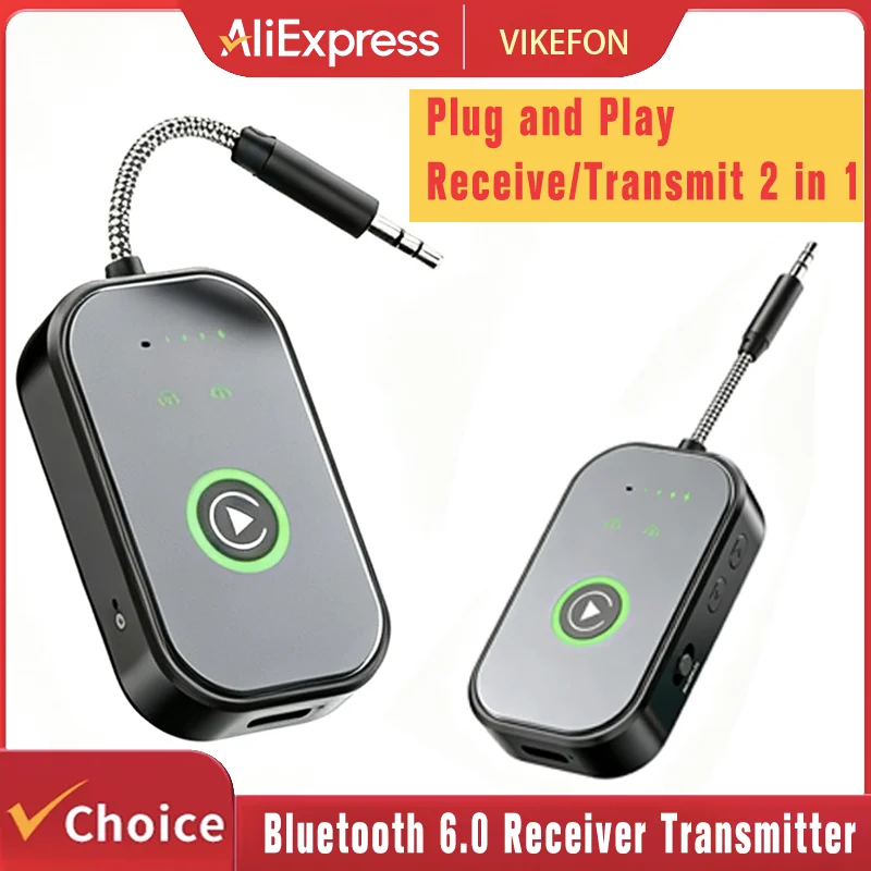 Bluetooth 6.0 AUX Audio Transmitter Receiver 2 IN 1 Wireless Adapter 3.5MM With Mic HiFi Stereo Music For Car TV PC Airplane