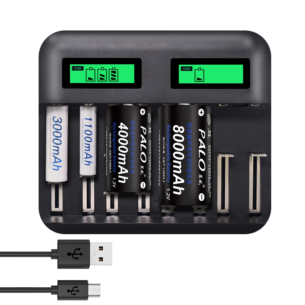 PALO USB Smart LCD Quick Charger AA AAA C D Battery Charger 8 Slots For 1.2V AA AAA SC C D NIMH NICD Rechargeable Battery