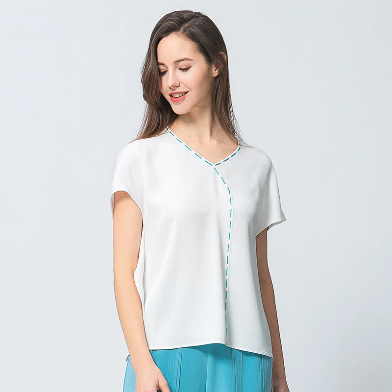 

Love Simple Streamer Bright Line Decoration V-Neck White Silk Woman Tshirts Summer Raglan Short Sleeves Loose Tops New BY031