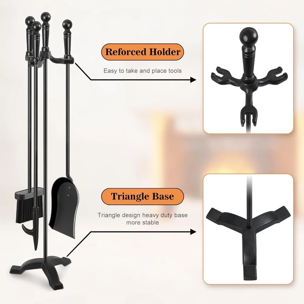 Kamin-Werkzeugset, schwarzes schmiede eisernes großes Feuerlösch werkzeugset für den Außen-/Innenbereich inklusive Kamin poker, Stand zubehörset
