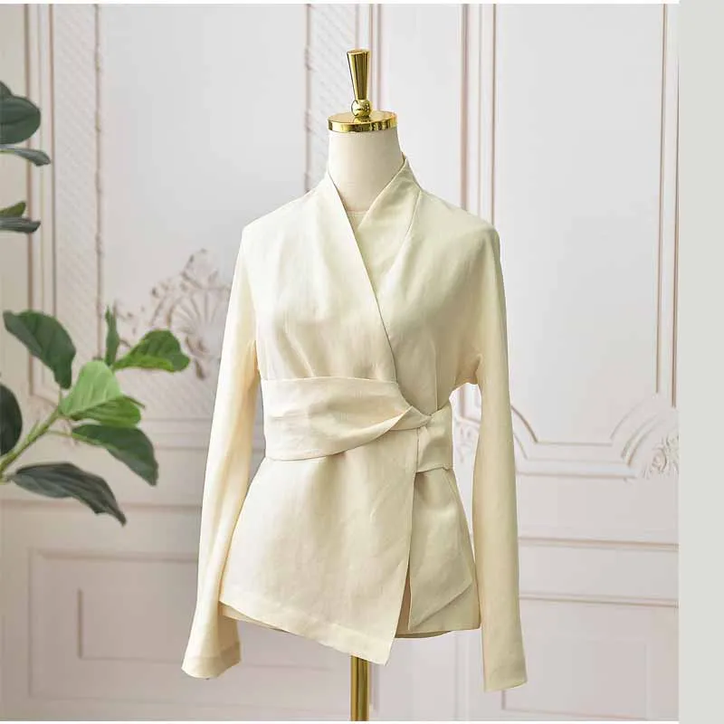 

Women's Long Sleeved Jacket High-end Silk Linen Solid Color Wrapped Shirt 2024 New Style Autumn