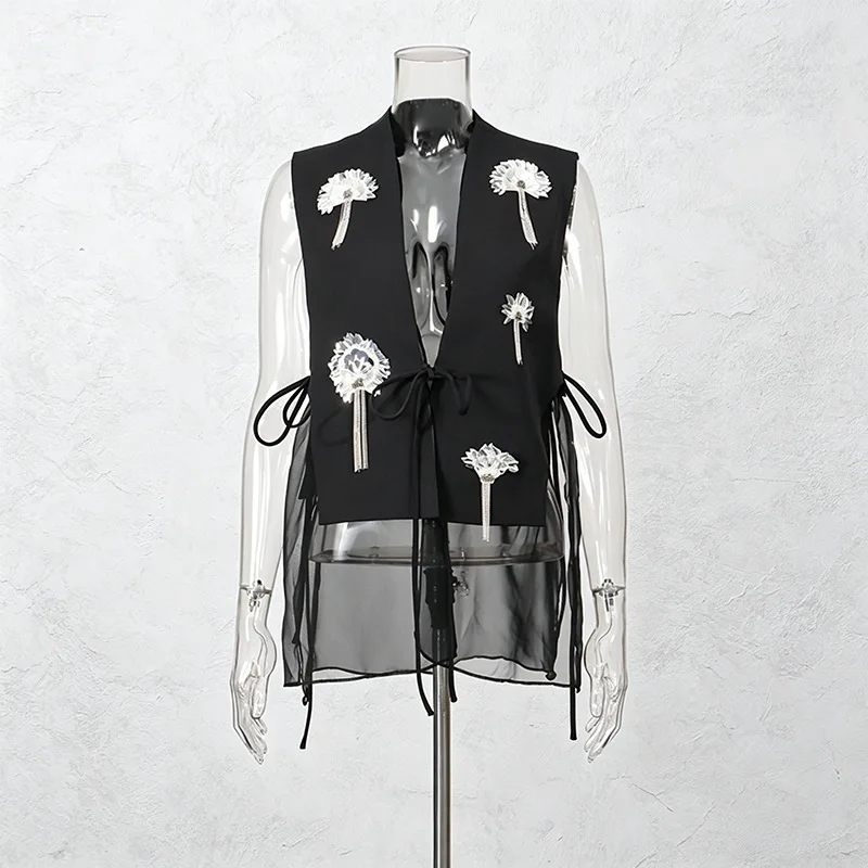 ZAMOR HIGH END Women's Fashion Design Vest 2026 New Sequin 3D Flower Mesh Spliced Lace-Up Top Outerwear