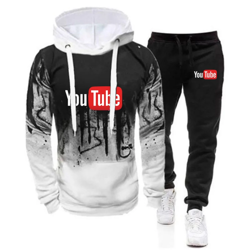 YouTube Men's New Hooded Sweater Hoodies + Pants Two Pieces Set Spring And Autumn Gradient Hoodies Casual Sweatpant Jackets Suit