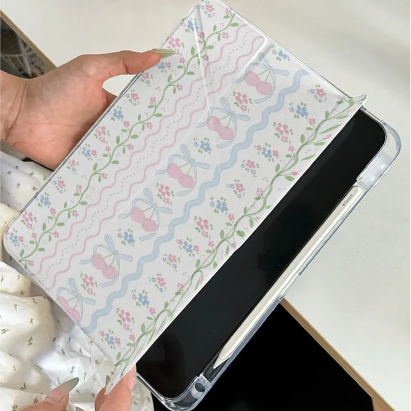 Capa de tablet INS coreana Kawaii com estampa floral de cerejeira e compartimento para lápis para Samsung Galaxy Tab A9Plus/S7/S8/S9/S10/S11 11 polegadas X216B
