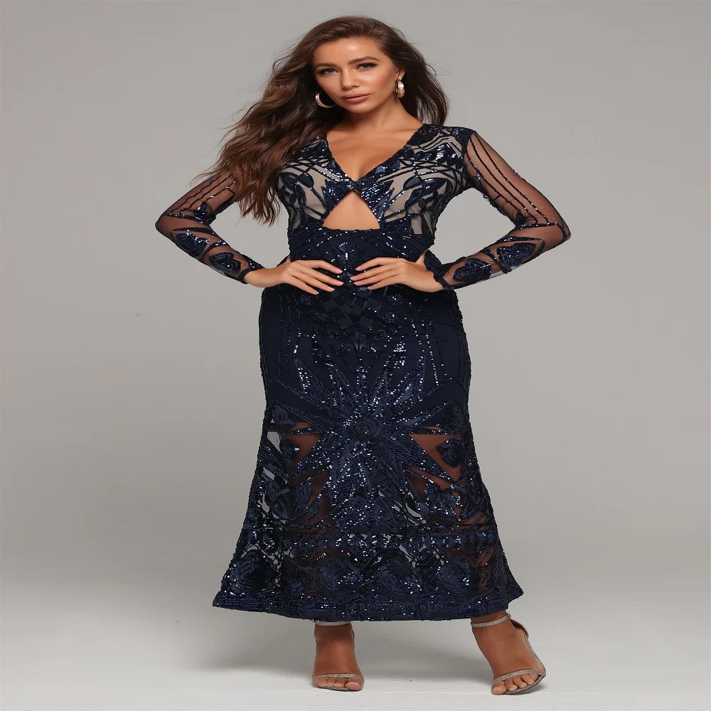 

Hot Selling New Product for Women's Dress Sexy V-neck Long Sleeved Studded Sequins Fashionable Design Fishtail Dark Blue Skirt
