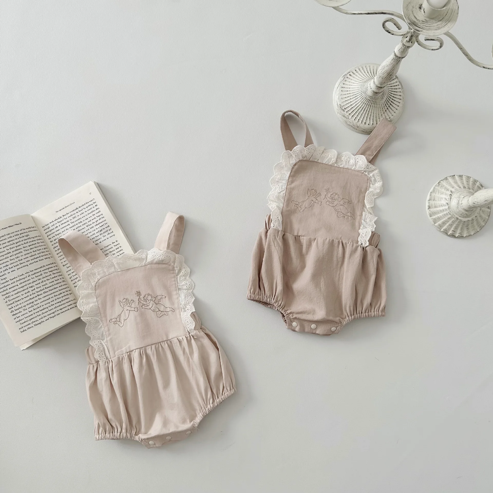 2024 Spring Summer Newborn Infant Embroidery Angel Suspenders Bodysuit Boy Girl Baby Lace Sleeveless Cotton Onesie Kid Clothes