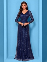 Luxury Blue Long Sleeves V-Neck Sequins Evening Dresses Elegant Wedding Party Women Guests Prom Bridesmaid Cocktail Gowns