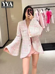 Vintage Women Stand Collar Single Breasted Flare Sleeve Mid Long Tweed Jacket Slim Fit Brand Designer Party Plaid Twill Coat