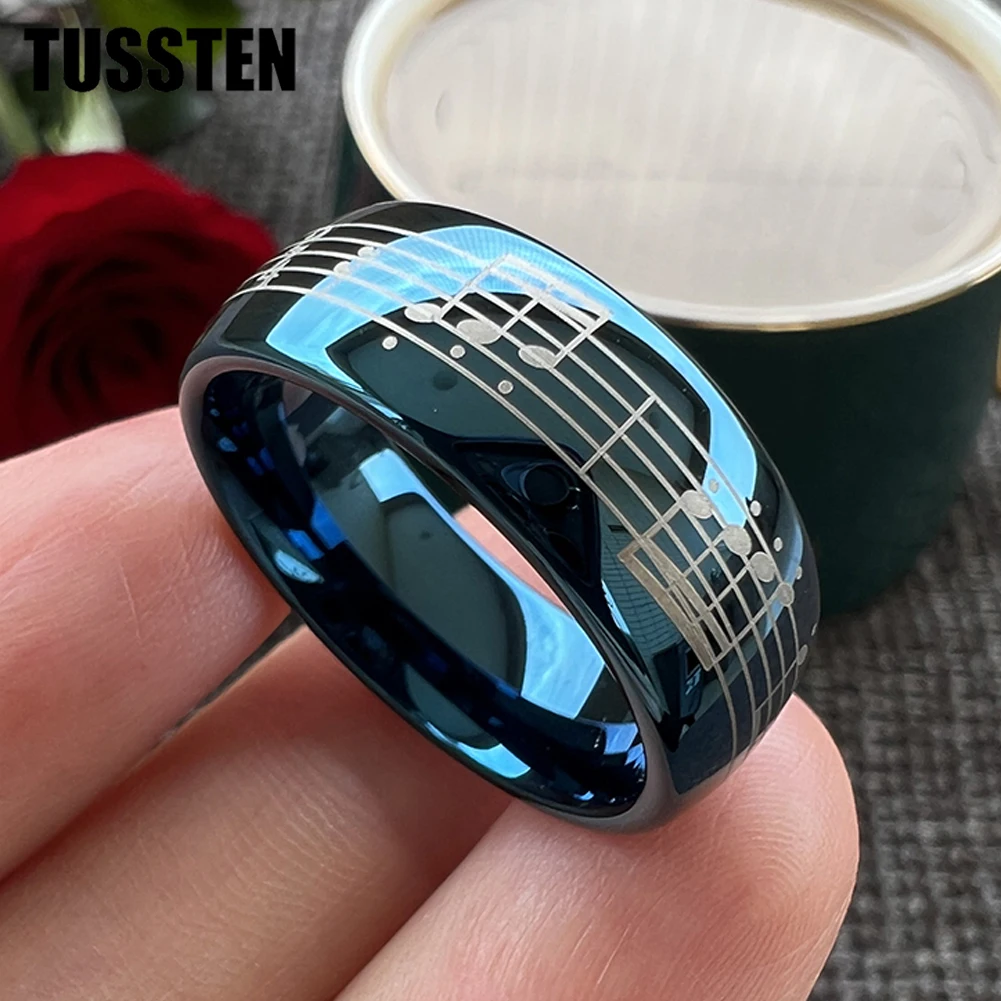 

TUSSTEN 6/8MM Men Women Tungsten Wedding Band Laser Engraving Piano Five-Line Note Music Ring Domed Polished Comfort Fit