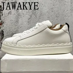 JAWAKYE Genuine Leather Flat Sneakers Women Running Trainer Causal Shoes Thick sole Round Toe Lace Up White Walking Shoes Ladies