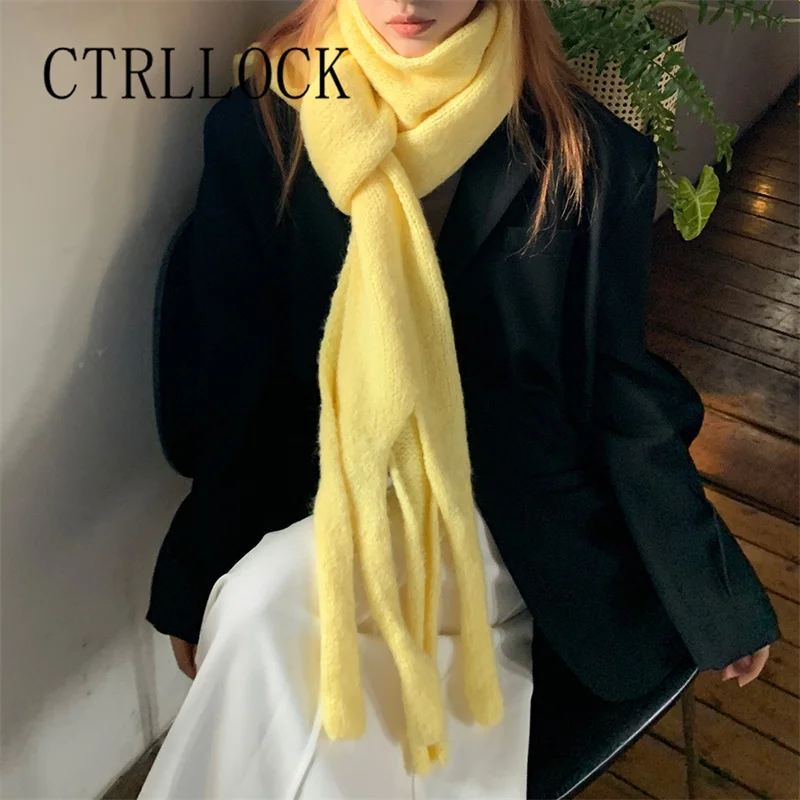 CTRLLOCK Multi Color Long Tassel Solid Color Wool Blend Knitted Scarf Women's Winter Neck Warm Scarves