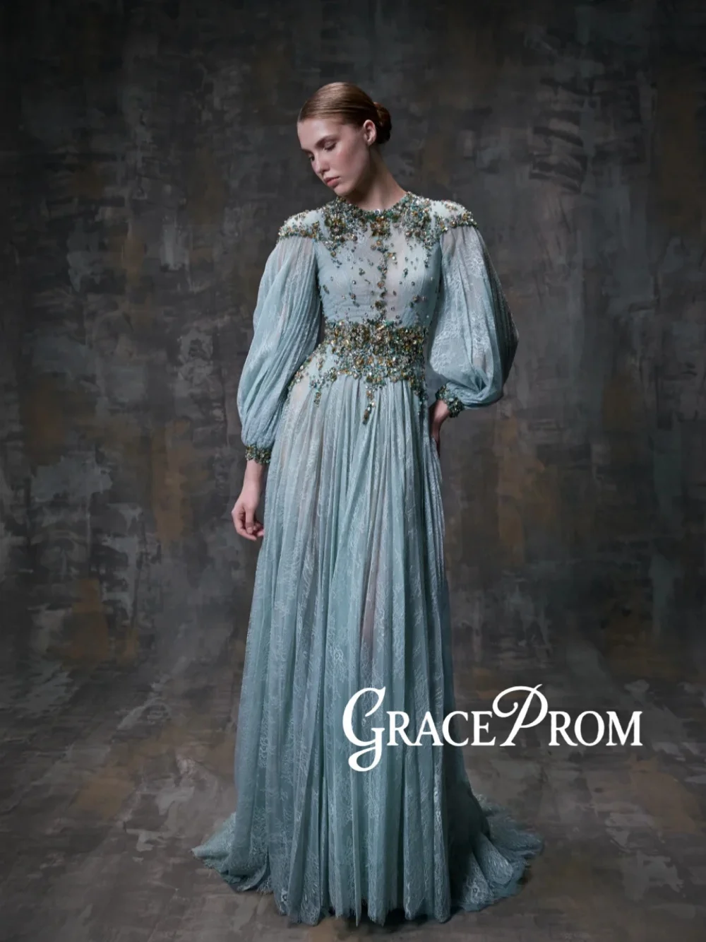 

Вечернее платье А-силуэта из кружева цвета пыльной синевы с блестящими кристаллами, длинными рукавами, для свадебных торжеств, на заказ, роскошное, элегантное, для банкетов