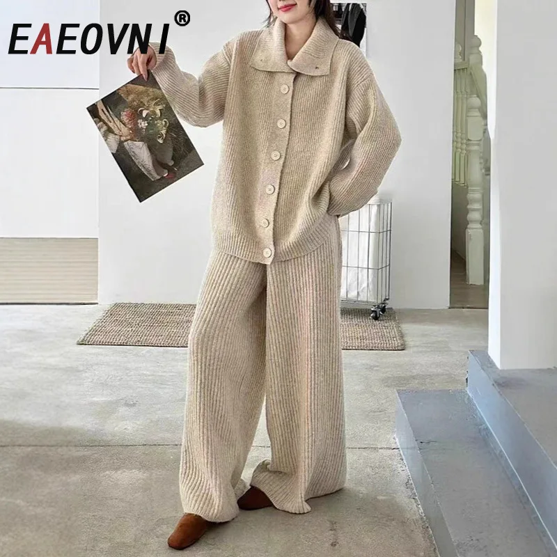 

EAEOVNI 2026 Новый вязаный женский комплект из 2 предметов, кардиган на пуговицах с лацканами, свитер, широкие брюки, длинные брюки, повседневная одежда