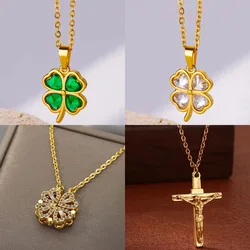 Four Leaf Clover Stainless Steel Necklaces For Women Green Zircon Gold Color Quality Jewelry Pendant Necklace Gift Free Shipping