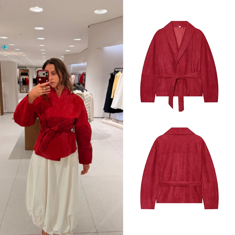 Fashion Women Solid Red Faux Suede Belted Wrap Jacket Self Fabric Tie Waist Outerwear For Casual & Semi-Formal Occasion