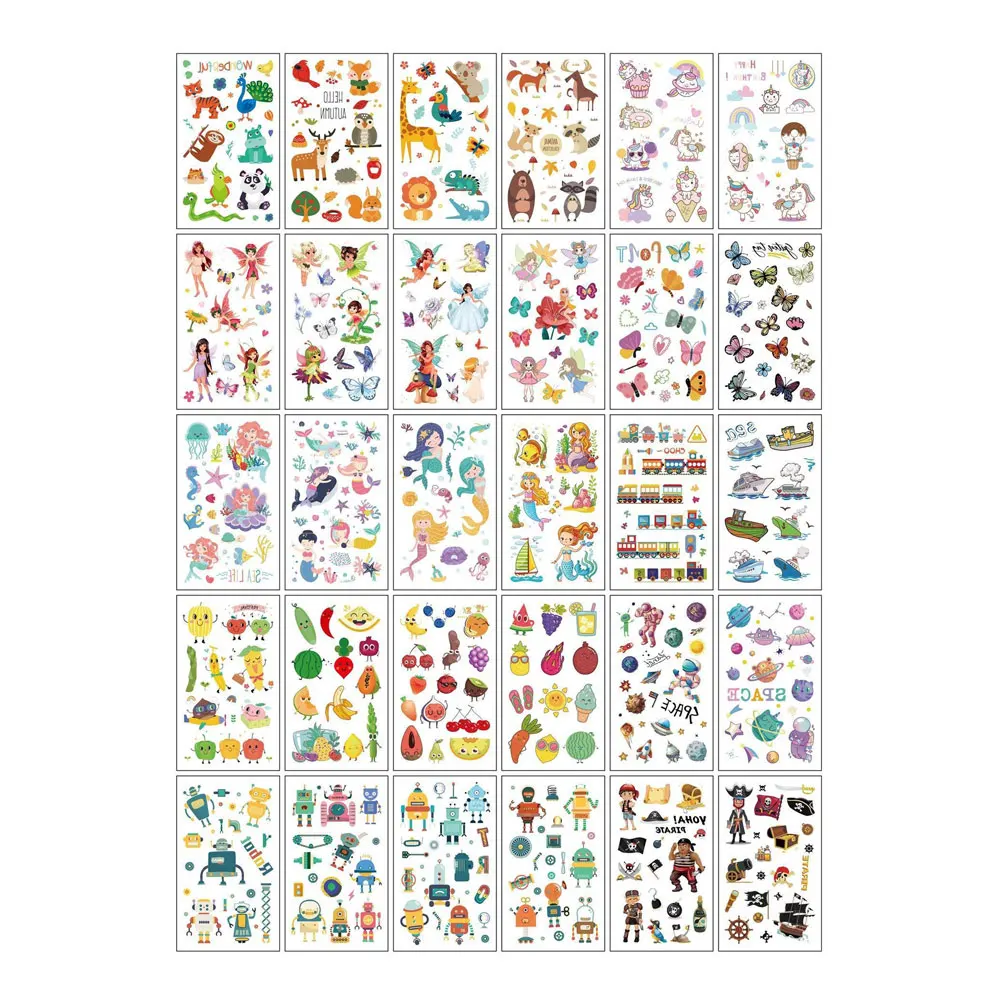 30pcs Cartoon Temporary Tattoos for Kids Unicorn Mermaid Car Fruit Fake Tattoo for Children Hand Body Waterproof Tattoo Stickers