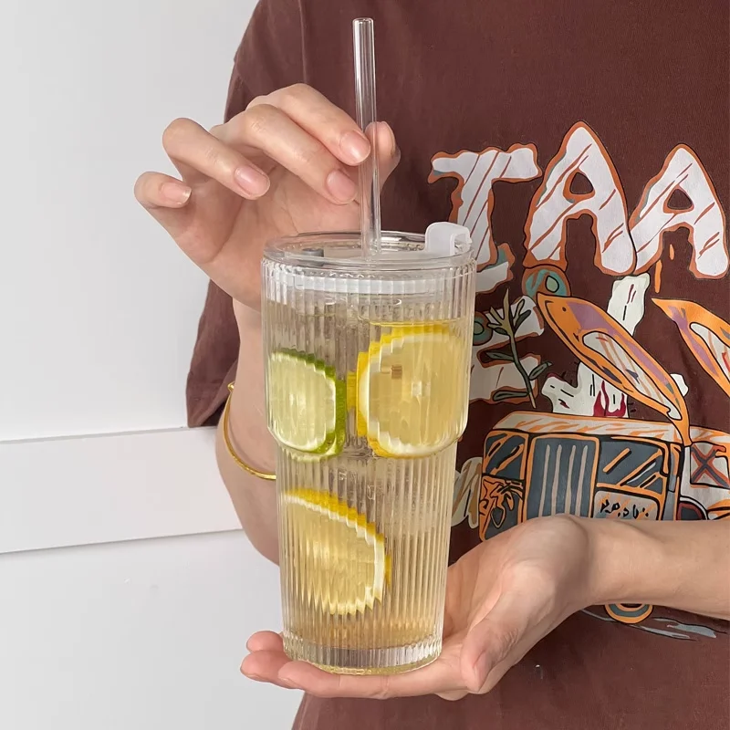 Соломенная чашка большой емкости с крышкой, чашка для кофе в вертикальную полоску, чашка для напитка, сока, ценная женская бытовая стеклянная чашка для чая с молоком 202