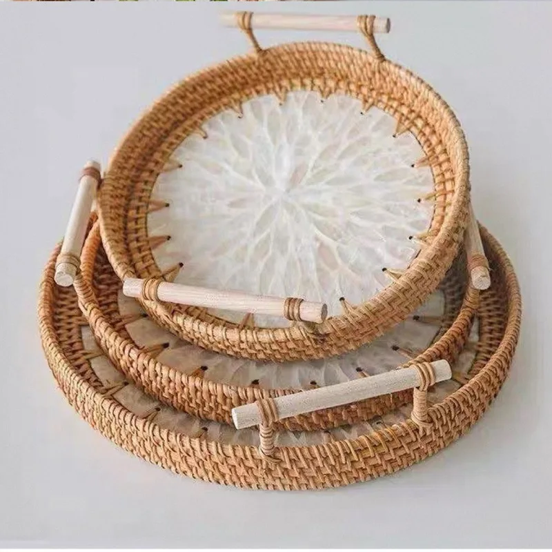 

Southeast Asian rattan woven shell tray, handle double ear disc, gourmet tea cup, teapot, tea tray, hotel and homestay storage