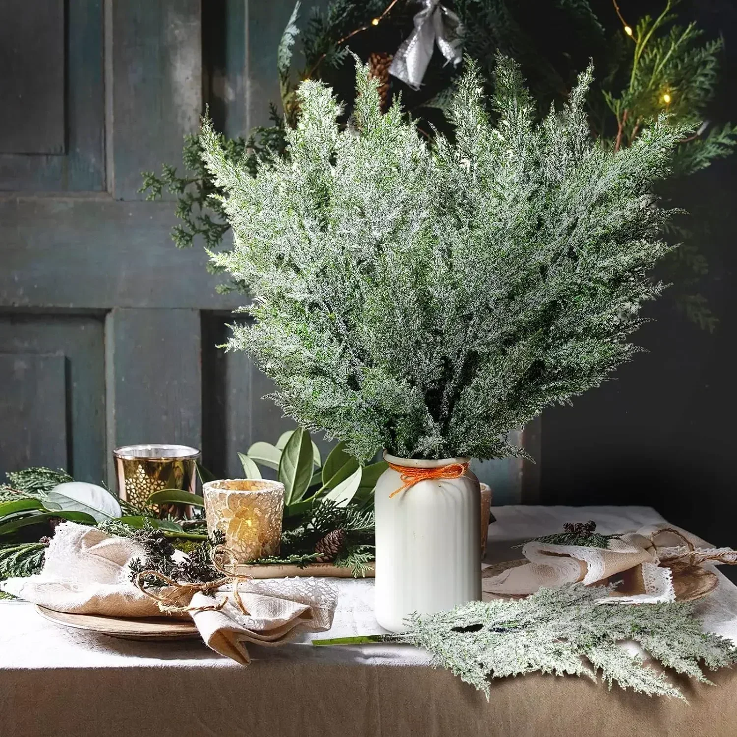 Christmas Snow Frosted Pine Branches Artificial Faux Cedar Fake Sprigs Pine Leaves Plastic Cypress Garland Wreath DIY Decoration