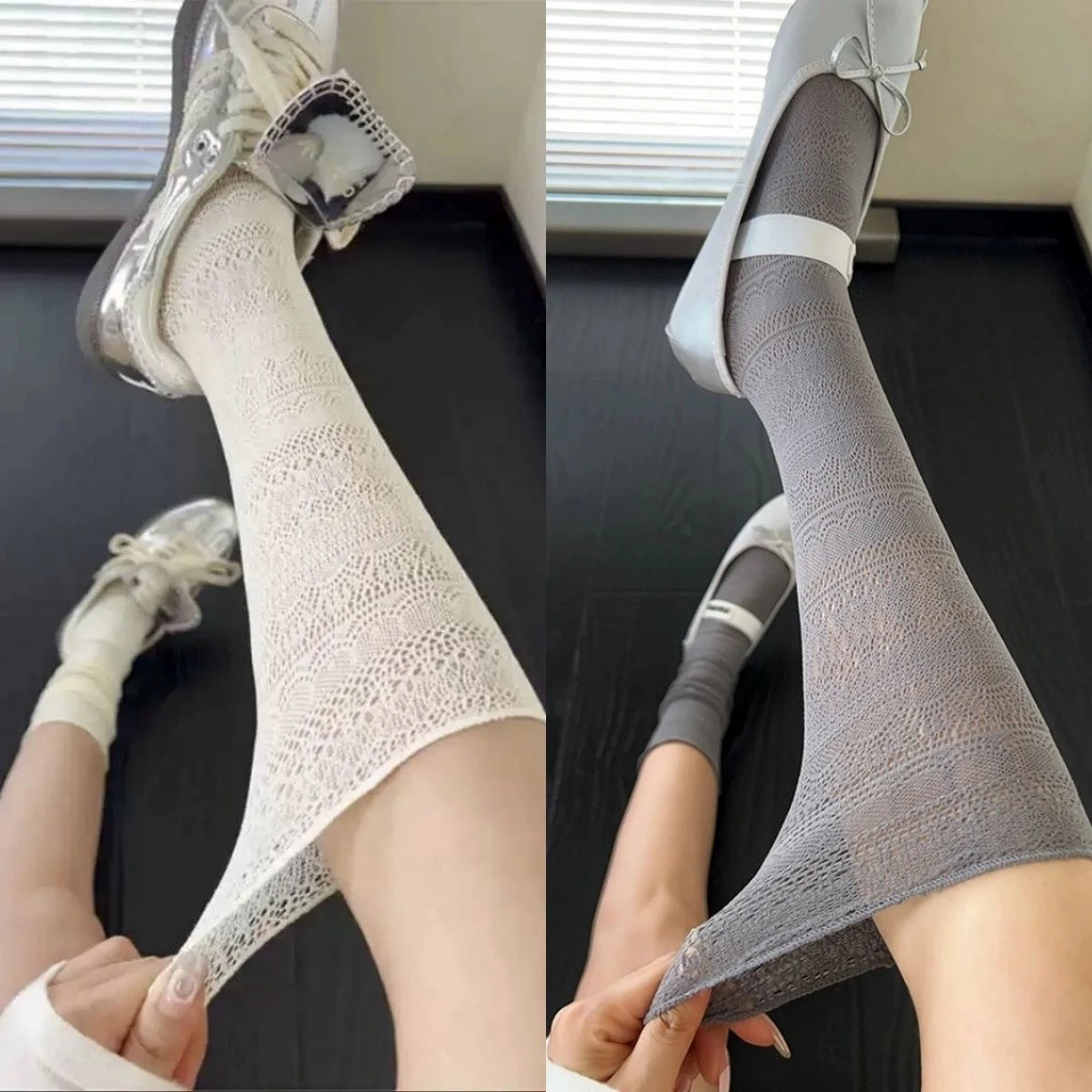

Lolita Sweet White Pile Socks Women Mesh Hollowed Out Thin Nylon Silk Retro Flower Lace Socks Ladies Transparent Crew Socks